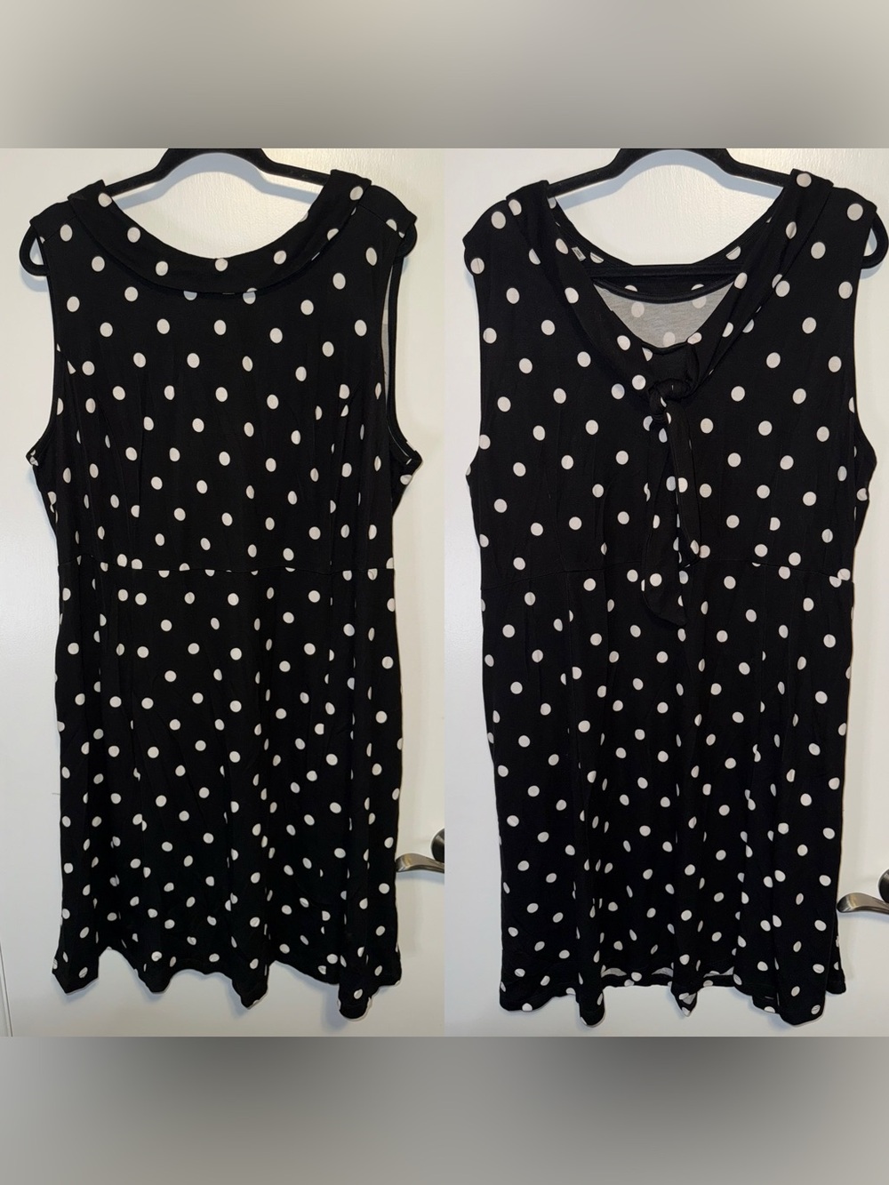 Isaac Mizrahi Black Dress with White Polka Dots, Tie-Neck Midi